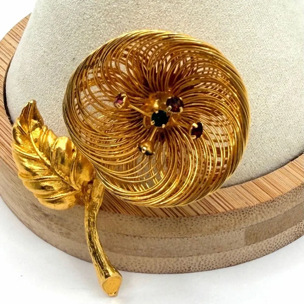 Vintage Gold Tone Wire Flower Brooch Colorful Rhinestone Floral Pin